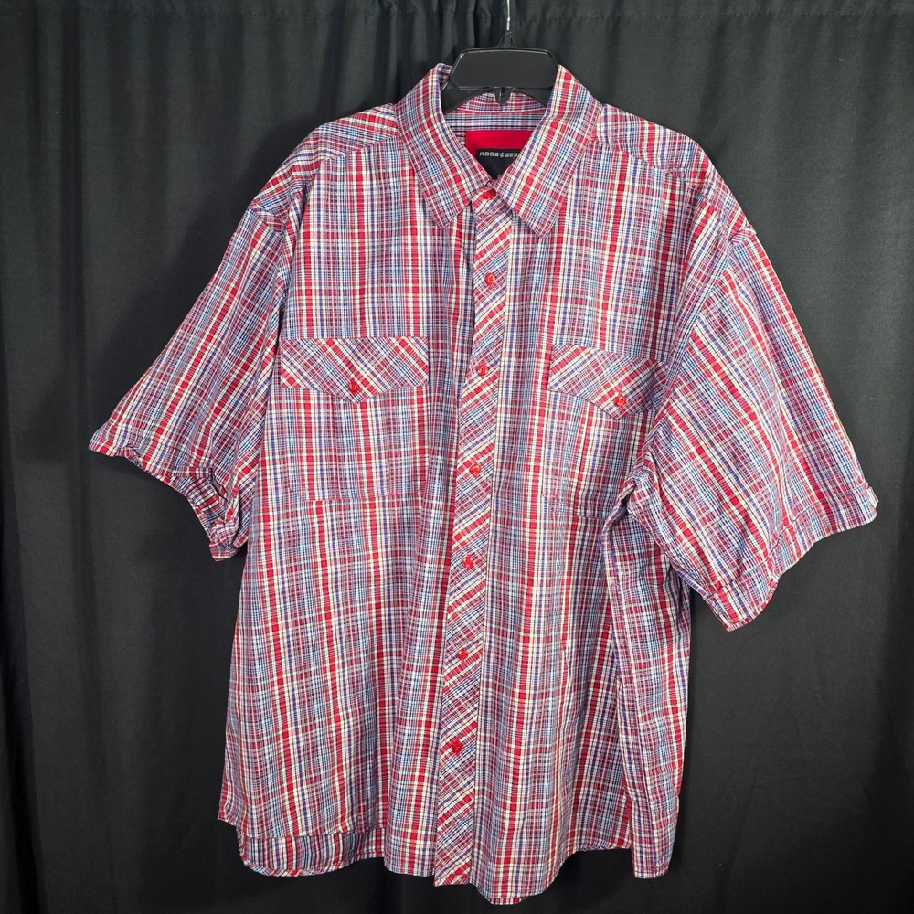 Rocawear Mens 4X Plaid Short Sleeve Button‎ Up Shirt Red White Blue Cotton 4XL